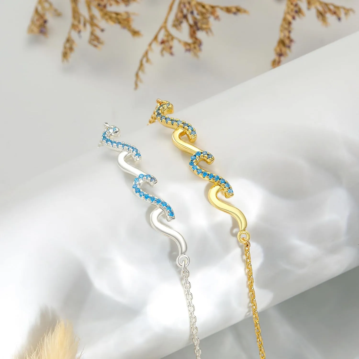Wave Bracelet - Birthday Gifts for Women, Gifts for Women Bestie Sister Mom Daughter Wife Girlfriend Grandma Aunt, 14K Gold/White Gold Plated Wave Bracelet Beach Jewelry Meaningful Friendship Gift