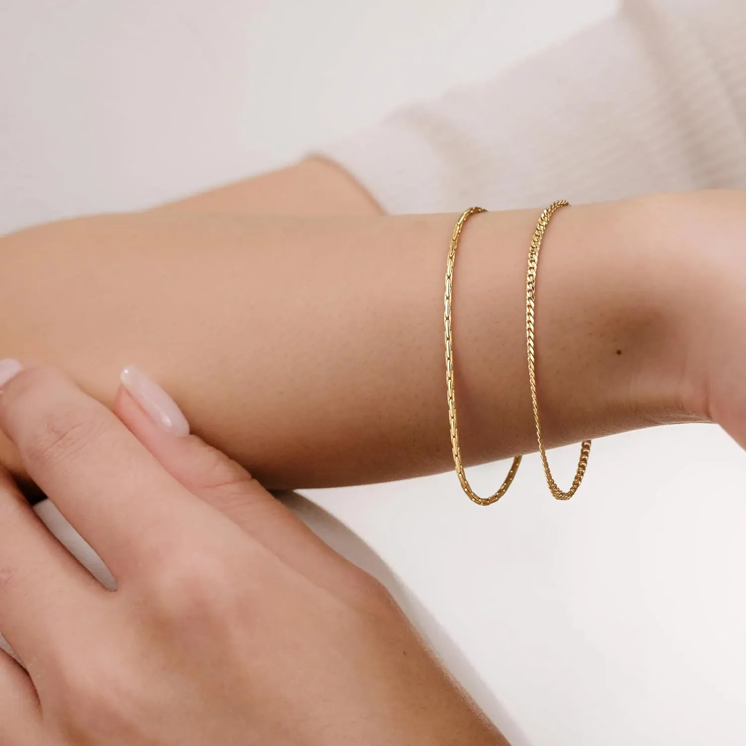 WEARON Gold Bracelet for Women 14K Gold Plated Snake Herringbone Figaro Cuban Bead Paperclip Cable Box Chain Simple Jewelry