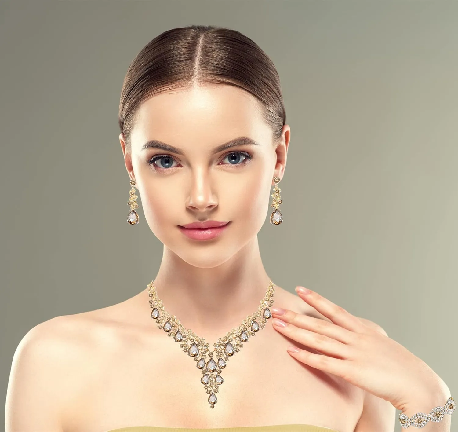 Wedding Bridal Bridesmaid Austrian Crystal Rhinestone Jewelry Sets Statement Choker Necklace Earrings Bracelets Sets for Wedding Party Prom
