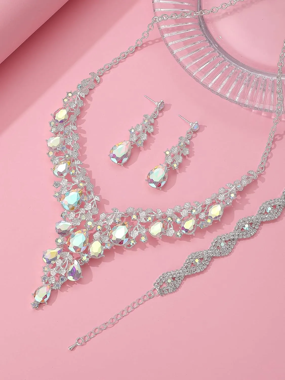 Wedding Bridal Bridesmaid Austrian Crystal Rhinestone Jewelry Sets Statement Choker Necklace Earrings Bracelets Sets for Wedding Party Prom