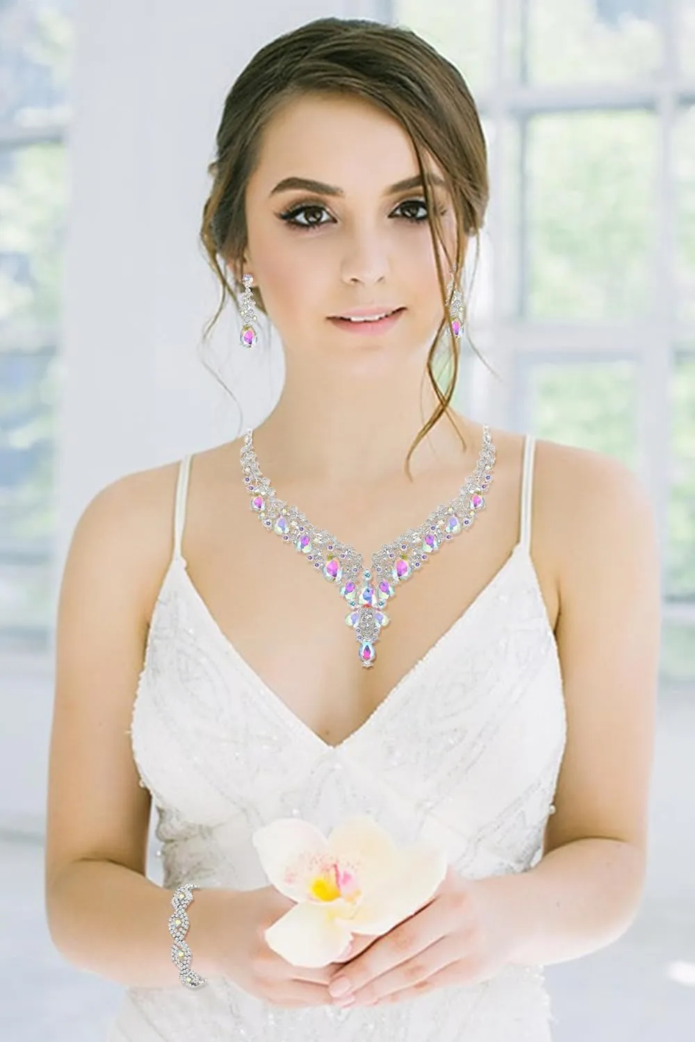 Wedding Bridal Bridesmaid Austrian Crystal Rhinestone Jewelry Sets Statement Choker Necklace Earrings Bracelets Sets for Wedding Party Prom