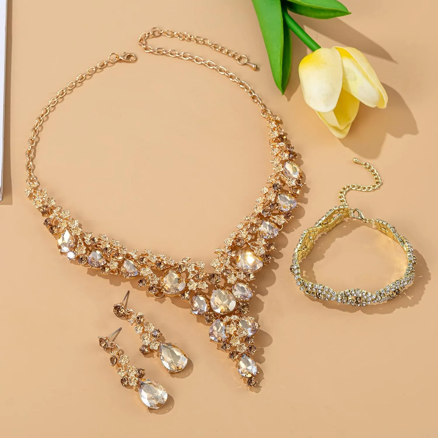 Wedding Bridal Bridesmaid Austrian Crystal Rhinestone Jewelry Sets Statement Choker Necklace Earrings Bracelets Sets for Wedding Party Prom