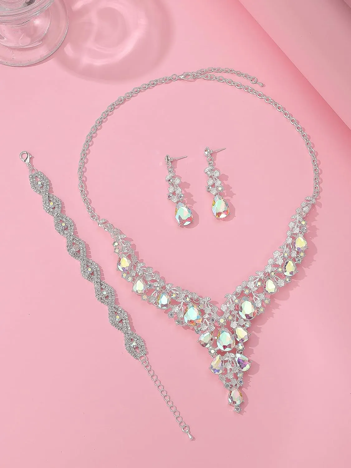Wedding Bridal Bridesmaid Austrian Crystal Rhinestone Jewelry Sets Statement Choker Necklace Earrings Bracelets Sets for Wedding Party Prom