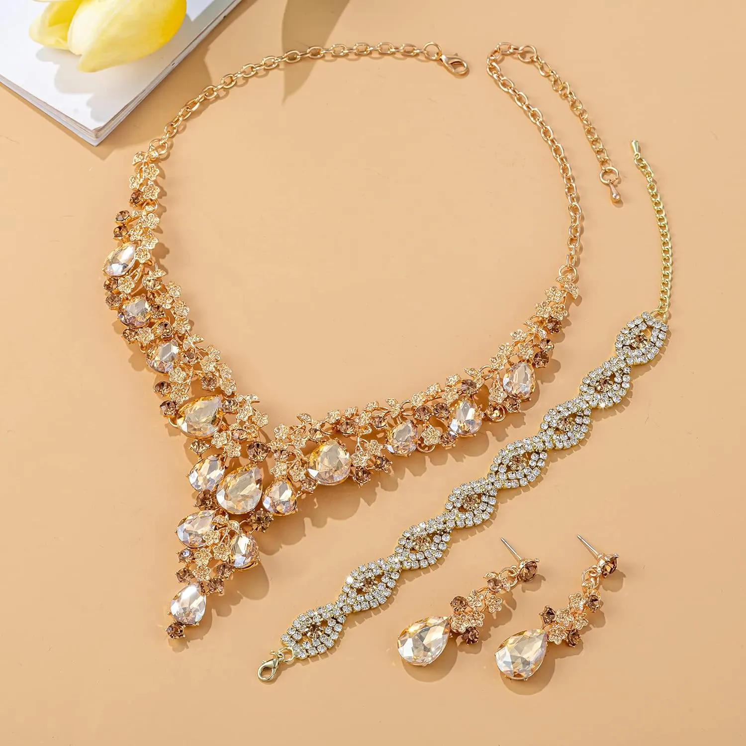 Wedding Bridal Bridesmaid Austrian Crystal Rhinestone Jewelry Sets Statement Choker Necklace Earrings Bracelets Sets for Wedding Party Prom