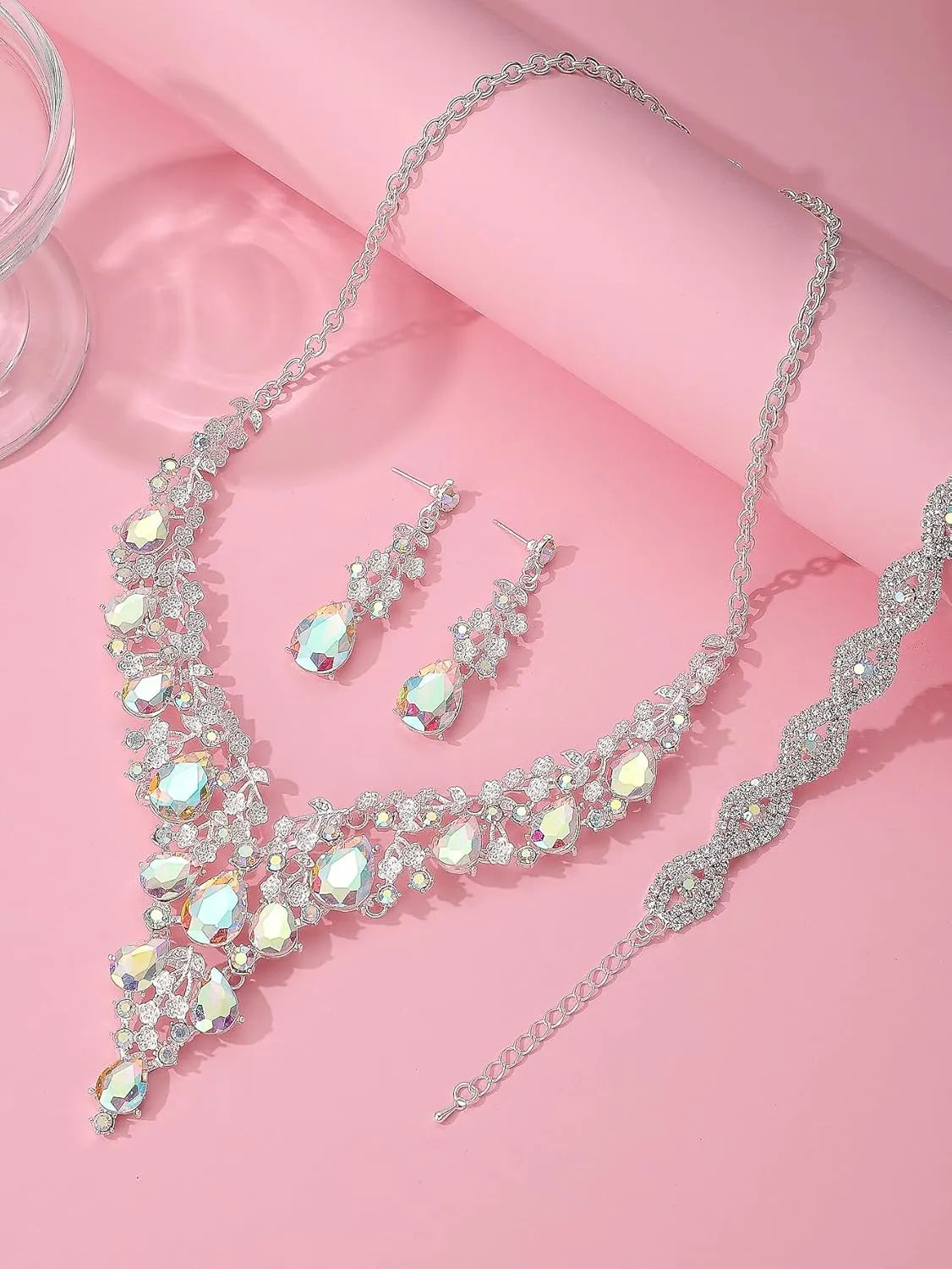 Wedding Bridal Bridesmaid Austrian Crystal Rhinestone Jewelry Sets Statement Choker Necklace Earrings Bracelets Sets for Wedding Party Prom