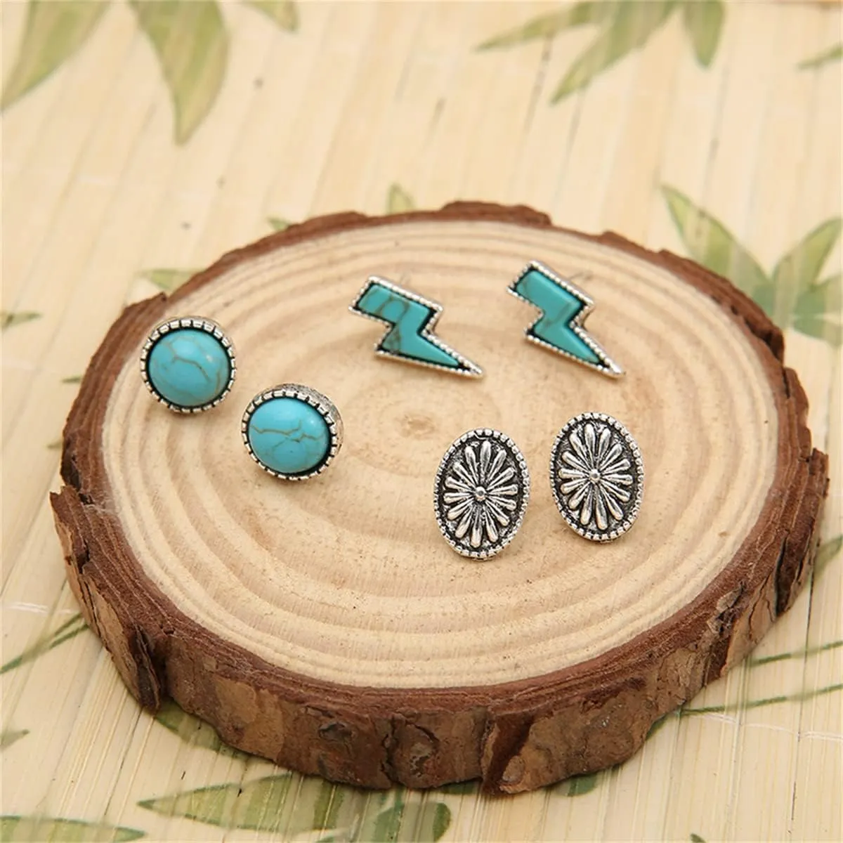 Western Turquoise Lightning Bolt Stud Earrings Bohemian Vintage Turquoise Thunder Flash Earrings Jewelry for Women