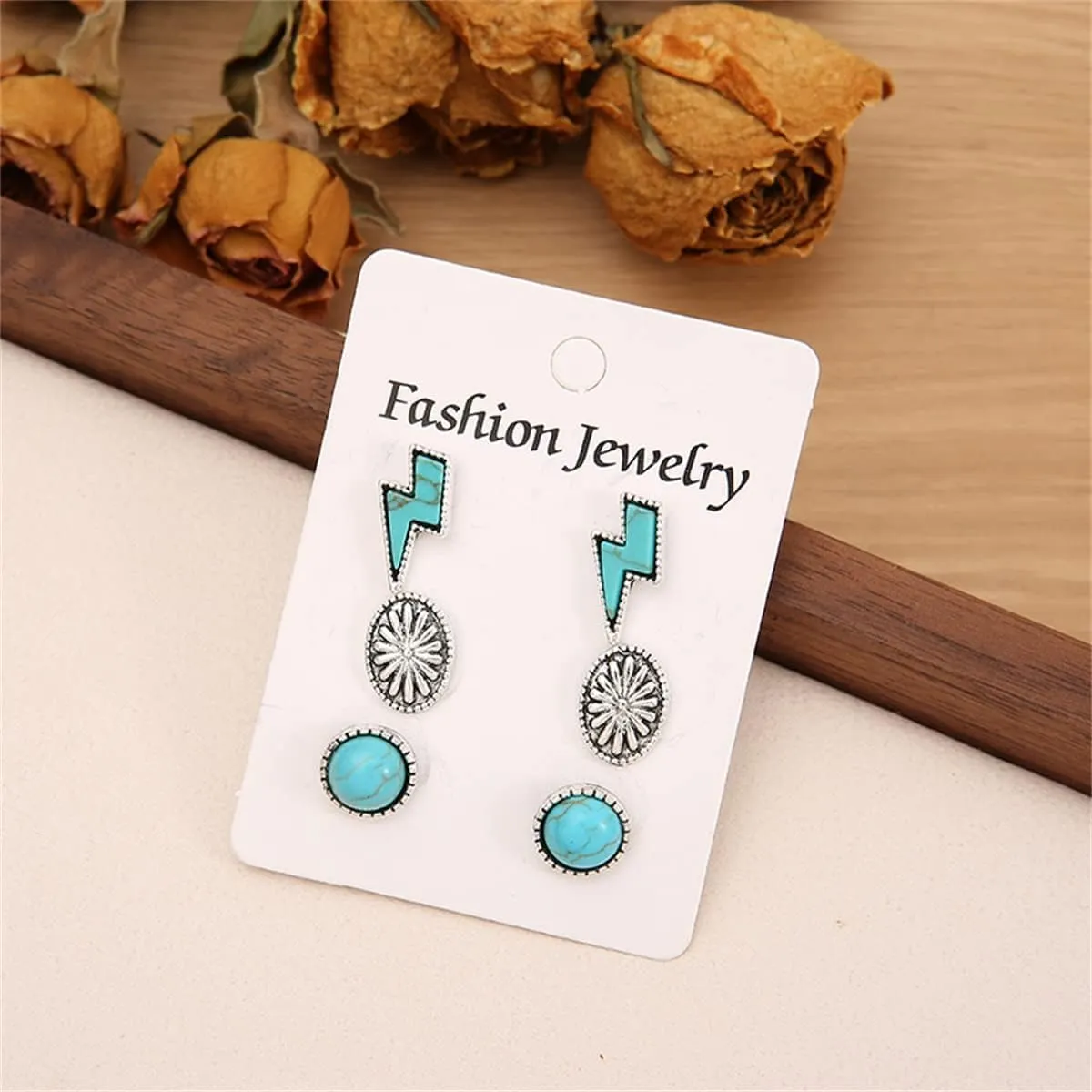 Western Turquoise Lightning Bolt Stud Earrings Bohemian Vintage Turquoise Thunder Flash Earrings Jewelry for Women