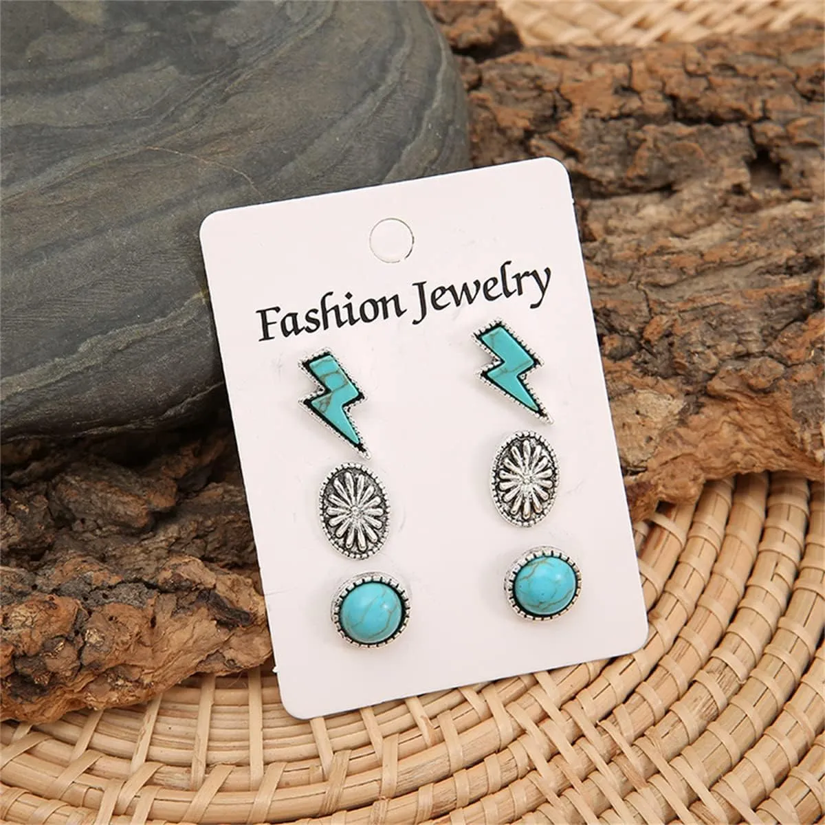 Western Turquoise Lightning Bolt Stud Earrings Bohemian Vintage Turquoise Thunder Flash Earrings Jewelry for Women