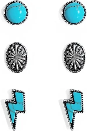 Western Turquoise Lightning Bolt Stud Earrings Bohemian Vintage Turquoise Thunder Flash Earrings Jewelry for Women