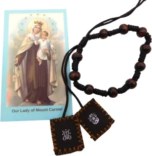 Westmon Works Brown Scapular Traditional Catholic Prayer Bracelet Set with Our Lady of Mount Carmel Holy Card