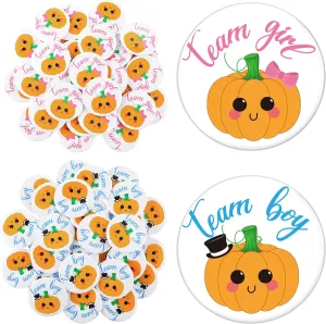 WILLBOND 60 Pieces Halloween Gender Reveal Buttons Pins Team Boy Team Girl Pins Pumpkin Button Pins for Thanksgiving Gender Reveal Party Baby Shower Decorations(Pumpkin Style)