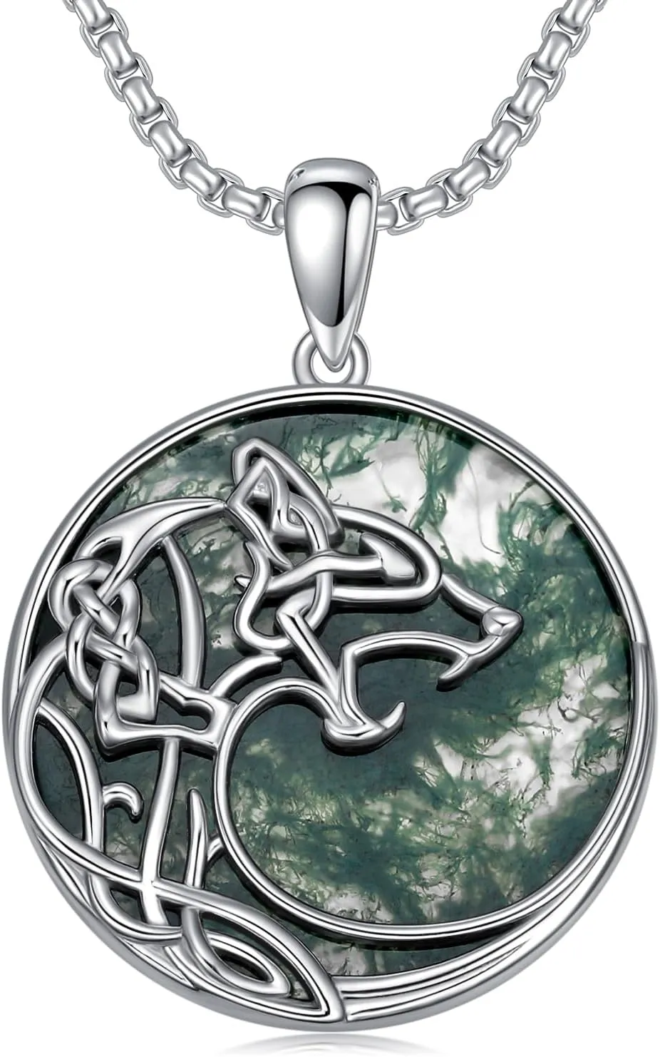 Wolf Moss Agate Necklace for Men S925 Sterling Silver Round Wolf Moss Agate Necklace for Men Handmade Wolf Silver Pendant Fine Jewelry Gifts for Fathers Day Men Him