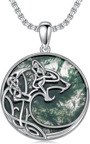 Wolf Moss Agate Necklace for Men S925 Sterling Silver Round Wolf Moss Agate Necklace for Men Handmade Wolf Silver Pendant Fine Jewelry Gifts for Fathers Day Men Him