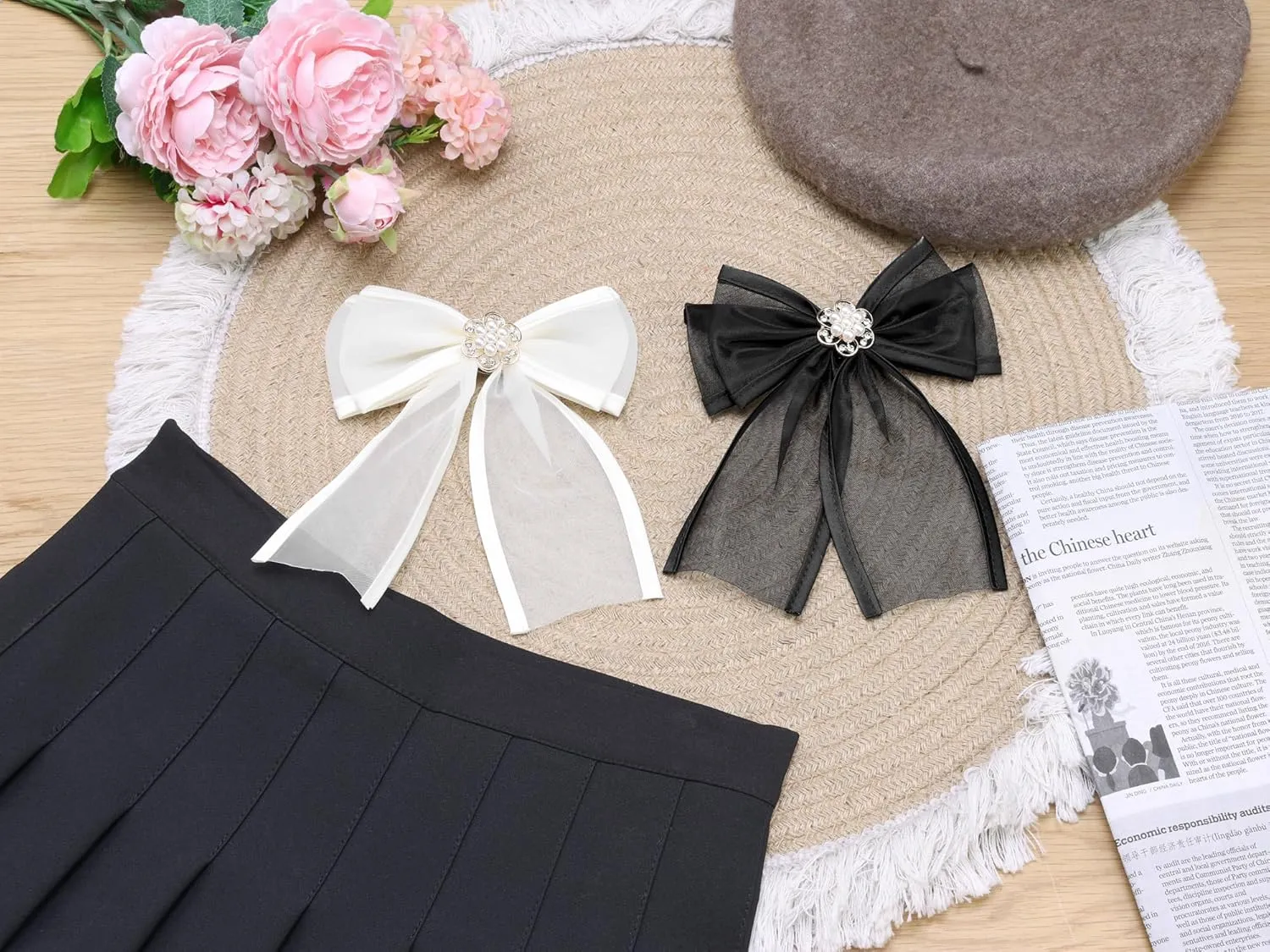 Women's Brooch Clip Mesh Flower Beads Rhinestone Solid Color Bow Tie