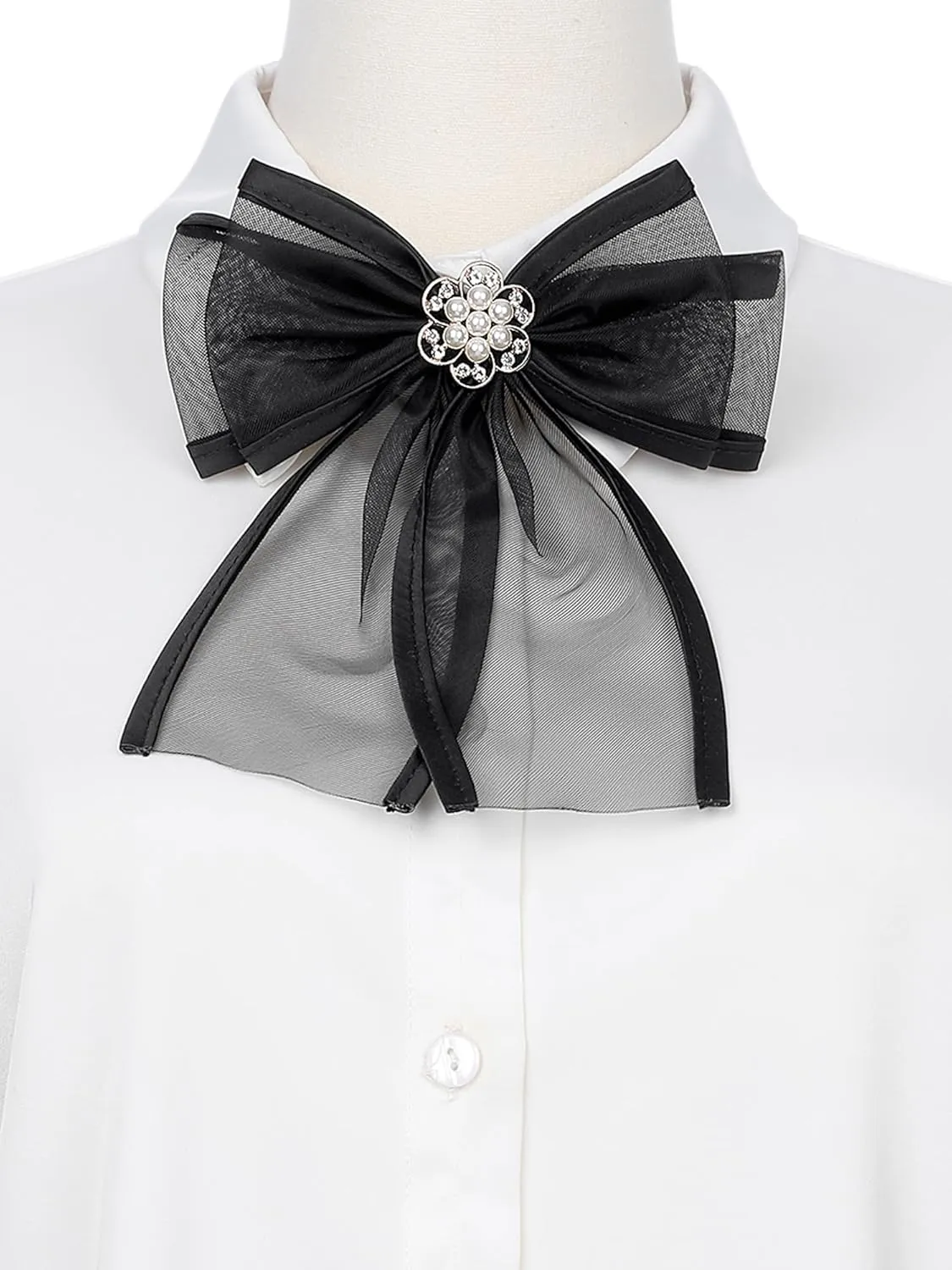 Women's Brooch Clip Mesh Flower Beads Rhinestone Solid Color Bow Tie