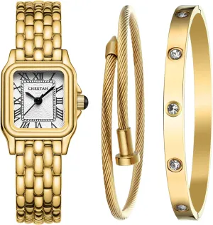 Womens Gold Bangle Watch and Bracelet Set, Small Vintage Roman Dial in White