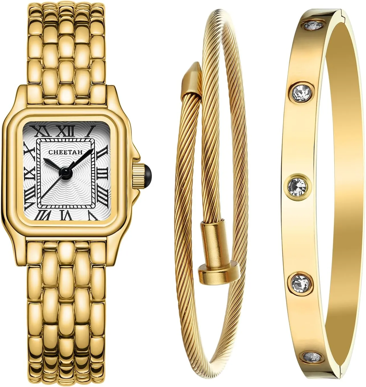 Womens Gold Bangle Watch and Bracelet Set, Small Vintage Roman Dial in White