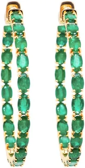 Women's Sterling Silver Emerald Hoop Earrings, Gold Plated, Oval Cut Gemstones, Large Circle Design