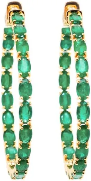 Women's Sterling Silver Emerald Hoop Earrings, Gold Plated, Oval Cut Gemstones, Large Circle Design