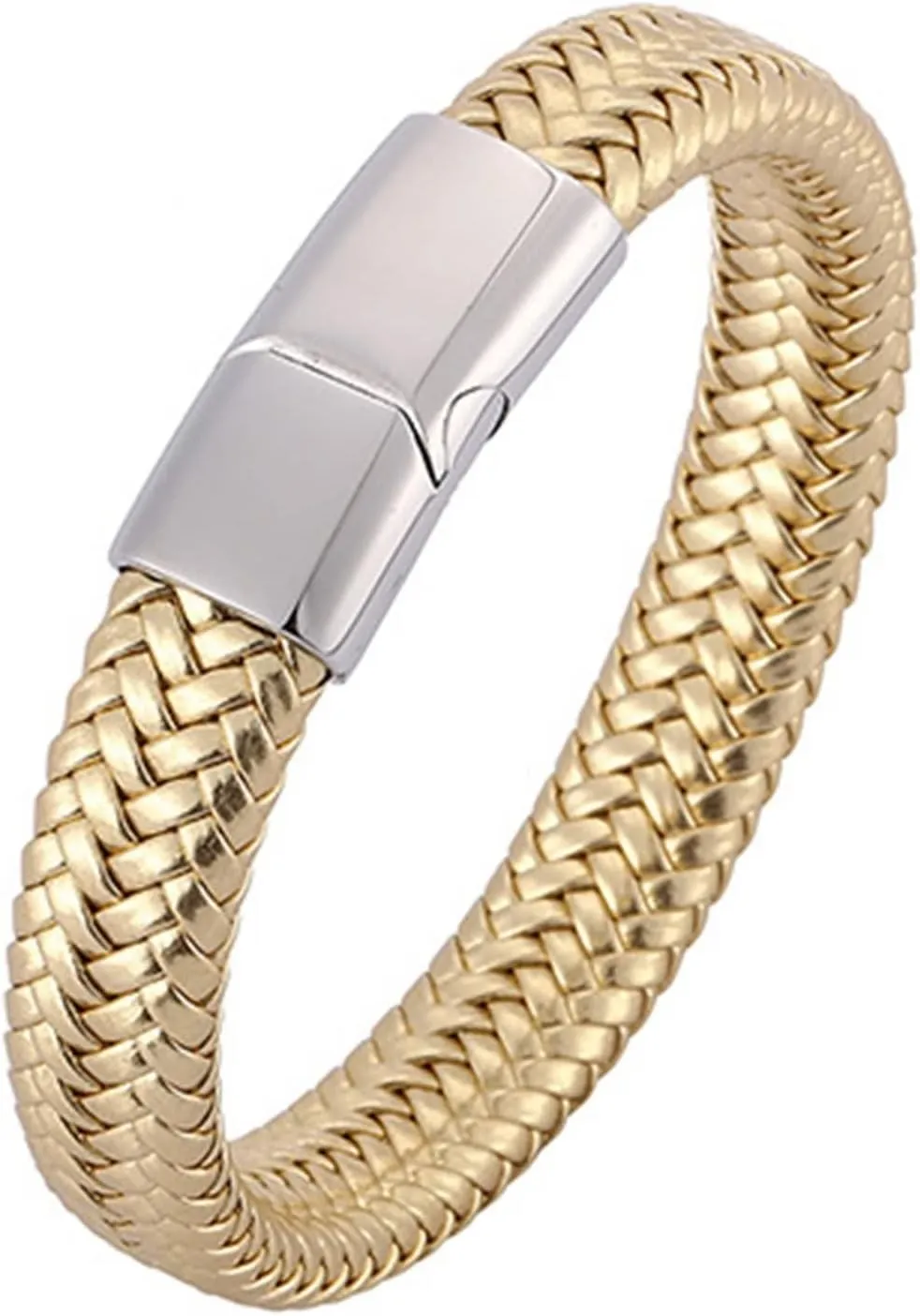 Wycian Woven Bracelet One Piece Mens Chain Link Bracelet Stainless Steel Silver Simple Braided Leather Cord for Couple Valentines Day Jewerly Gifts Upgrade