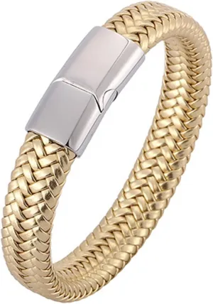 Wycian Woven Bracelet One Piece Mens Chain Link Bracelet Stainless Steel Silver Simple Braided Leather Cord for Couple Valentines Day Jewerly Gifts Upgrade