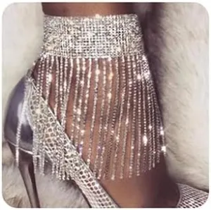 Xerling Rhinestones Tassel Ankle Bracelets Crystal Fringe Anklet Tennis Foot Chain for Women Party Wedding Glitter Jewelry for One Foot (Silver)