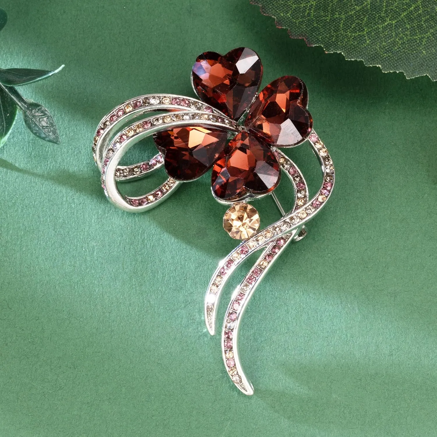 XGALBLA St. Patrick's Day Good Luck Charm Elegant Rhinestone Crystal Green Four Leaf Clover Brooch Pins Silver Petal Valentines Flower Lapel Brooches for Women