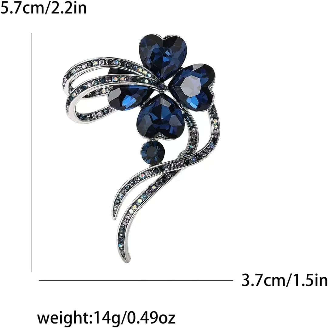 XGALBLA St. Patrick's Day Good Luck Charm Elegant Rhinestone Crystal Green Four Leaf Clover Brooch Pins Silver Petal Valentines Flower Lapel Brooches for Women