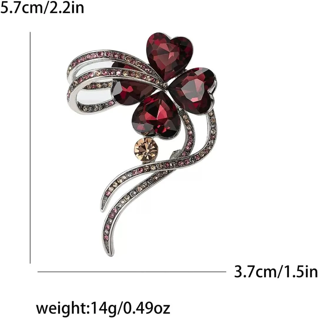 XGALBLA St. Patrick's Day Good Luck Charm Elegant Rhinestone Crystal Green Four Leaf Clover Brooch Pins Silver Petal Valentines Flower Lapel Brooches for Women