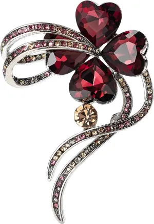 XGALBLA St. Patrick's Day Good Luck Charm Elegant Rhinestone Crystal Green Four Leaf Clover Brooch Pins Silver Petal Valentines Flower Lapel Brooches for Women
