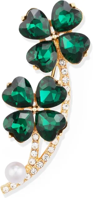 XGALBLA St. Patrick's Day Good Luck Charm Green Four Leaf Clover Brooch Pins Rhinestone Crystal Valentines Flower Lapel Brooches for Women Fashion Jewelry Gift