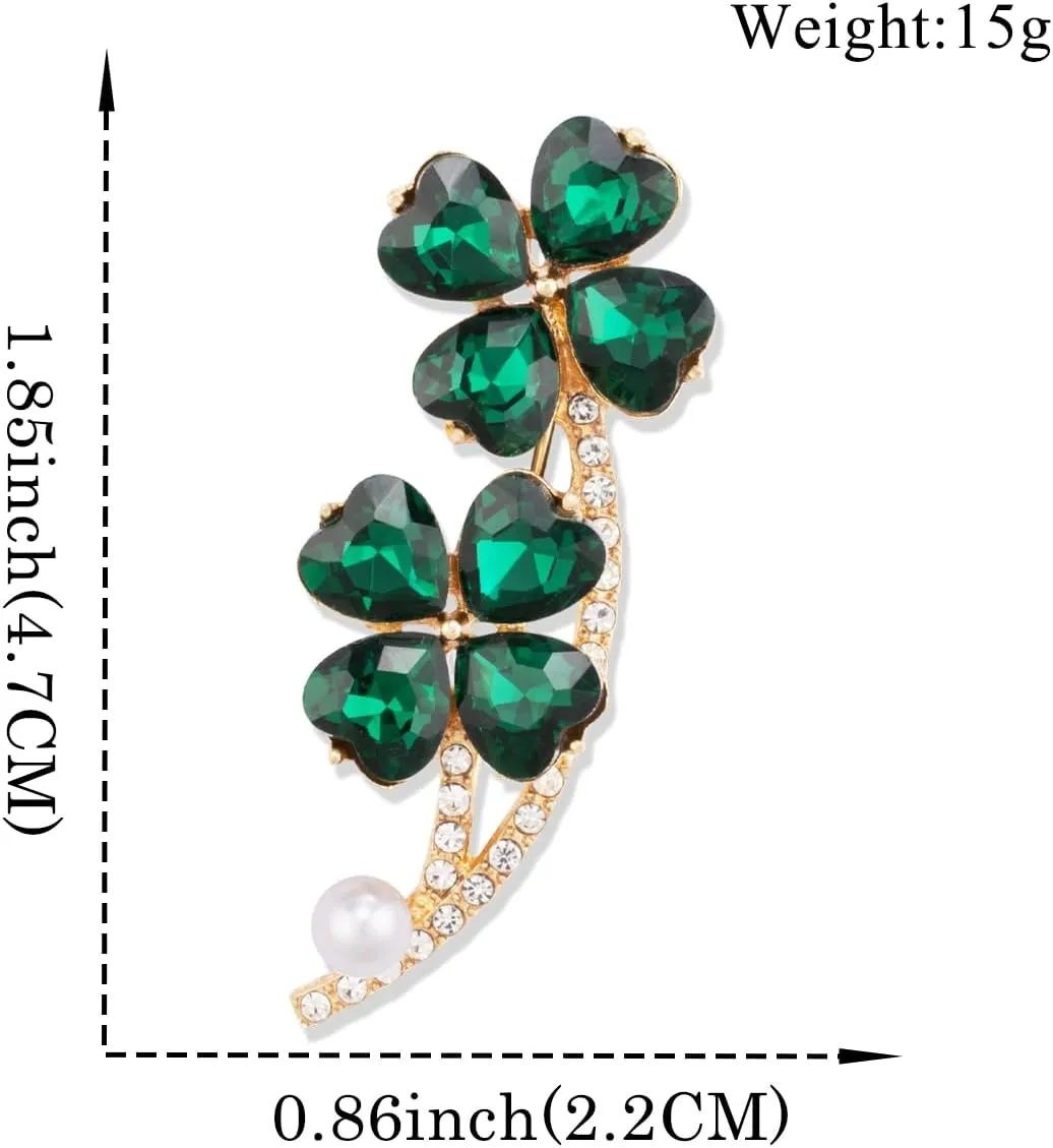 XGALBLA St. Patrick's Day Good Luck Charm Green Four Leaf Clover Brooch Pins Rhinestone Crystal Valentines Flower Lapel Brooches for Women Fashion Jewelry Gift
