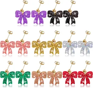 Y1tvei 8 Pairs Artist Bow Tie Ribbon Stud Earrings for Women, Pink Red Green Gold Bowknot Sparkly Glitter Dangle Jewelry Elegant Bow Earring Accessories Trendy Gift for Daily Summer Autumn Halloween