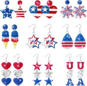 Y1tvei American Flag Earring for Women - 4th of July Accessories 9 Pairs Heart Star USA Red White and Blue Stud Hook Glitter Acrylic Preppy American Patriotic USA Love Flag Jewelry Gifts for Women Kid