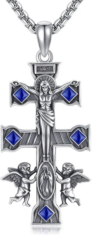 YAFEINI Caravaca Cross Necklace Sterling Silver Cruz de Caravaca Necklace Jesus Crucifix Christian Jewelry for Men