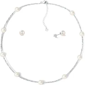 YAMI Pearl Necklace and Earrings Set - Natural Cultured Pearls with 925 Sterling Silver Nuggets, Luxury Jewelry Set for Weddings, Formal Events, or Everyday Wear, 18 2IN