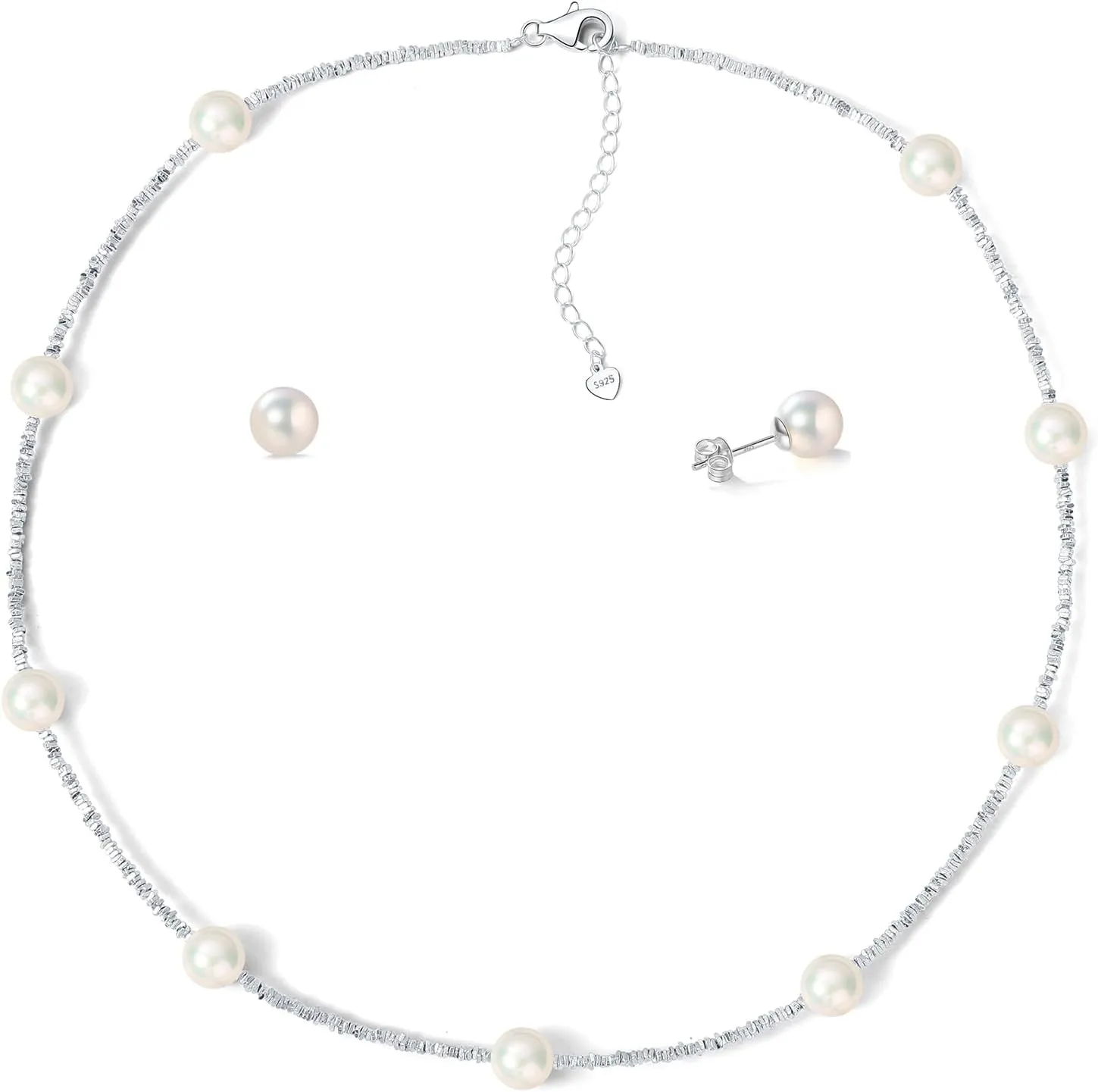 YAMI Pearl Necklace and Earrings Set - Natural Cultured Pearls with 925 Sterling Silver Nuggets, Luxury Jewelry Set for Weddings, Formal Events, or Everyday Wear, 18 2IN