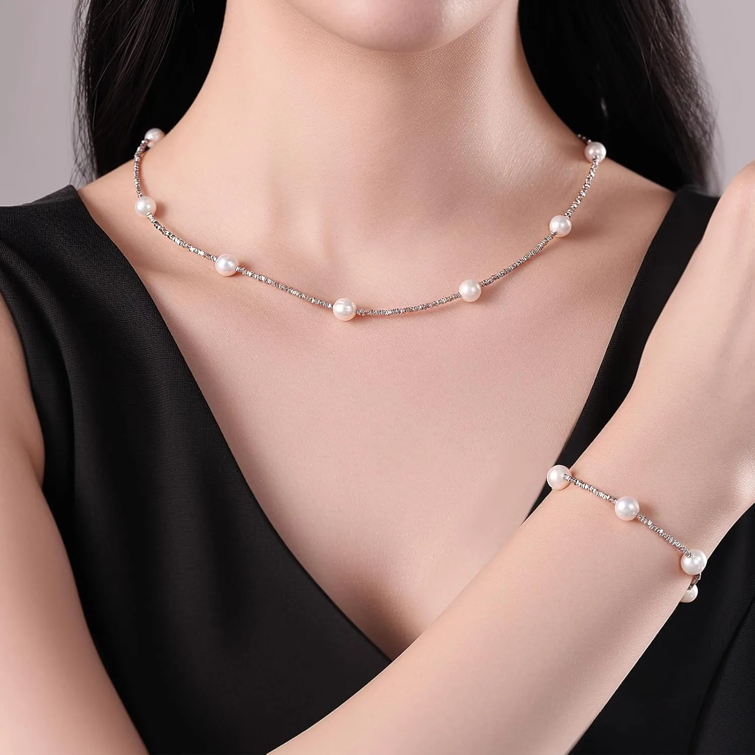 YAMI Pearl Necklace and Earrings Set - Natural Cultured Pearls with 925 Sterling Silver Nuggets, Luxury Jewelry Set for Weddings, Formal Events, or Everyday Wear, 18 2IN