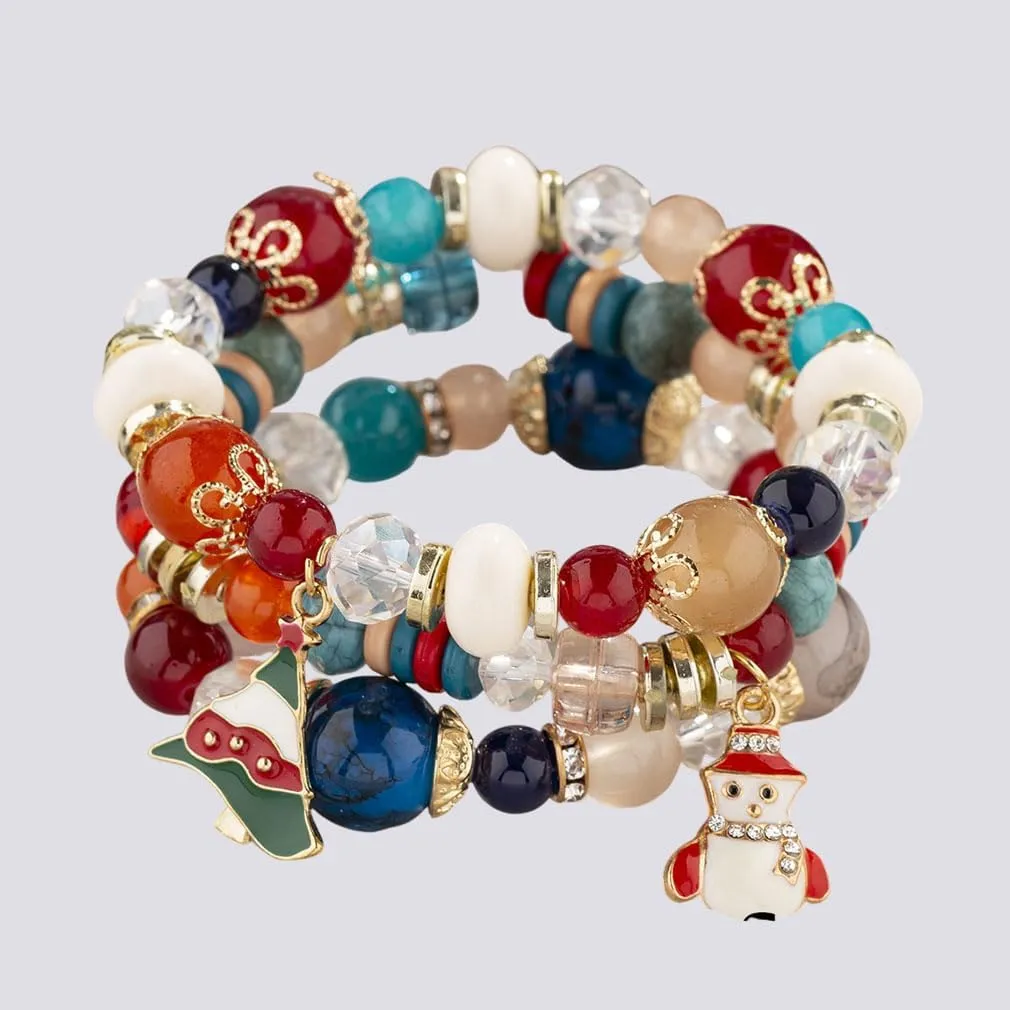 YAZILIND Multi-Layer Beaded Bracelet Imitation-Crystal Beads Chain Bracelets Christmas Tree Snowman Bell Shape Pendant Handmade Elastic Jewelry for Women Female
