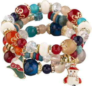 YAZILIND Multi-Layer Beaded Bracelet Imitation-Crystal Beads Chain Bracelets Christmas Tree Snowman Bell Shape Pendant Handmade Elastic Jewelry for Women Female