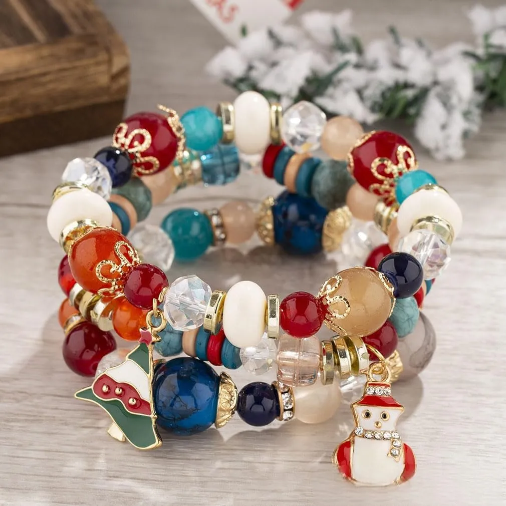 YAZILIND Multi-Layer Beaded Bracelet Imitation-Crystal Beads Chain Bracelets Christmas Tree Snowman Bell Shape Pendant Handmade Elastic Jewelry for Women Female