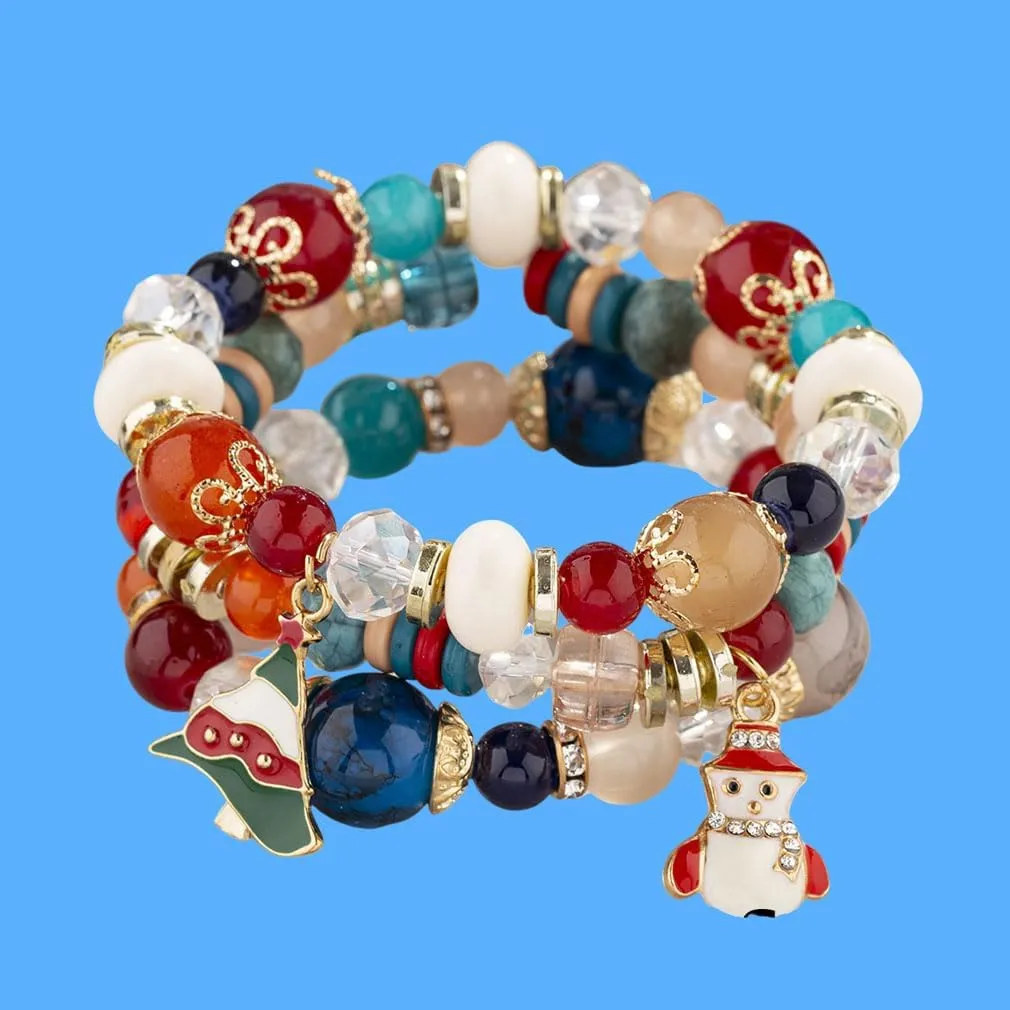 YAZILIND Multi-Layer Beaded Bracelet Imitation-Crystal Beads Chain Bracelets Christmas Tree Snowman Bell Shape Pendant Handmade Elastic Jewelry for Women Female