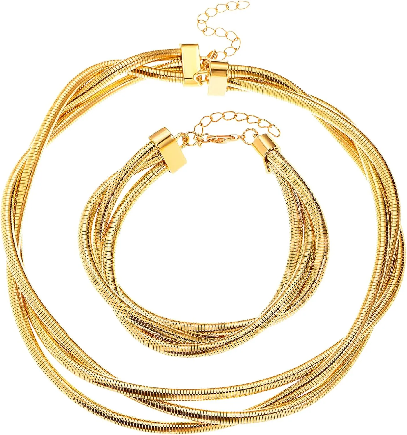 YBMYCM Chunky Gold Silver Jewelry Set Multi Strands Stainless Steel Choker Necklace Bracelet Set for Women