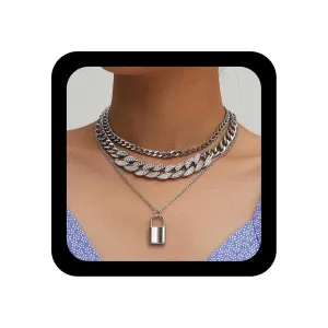 YienDoo Multilayer Lock Necklace Choker Sparkling CZ Crystal Chunky Cuban Chain Padlock Pendant Silver Punk Charm Layered Choker Necklace Gift for Women