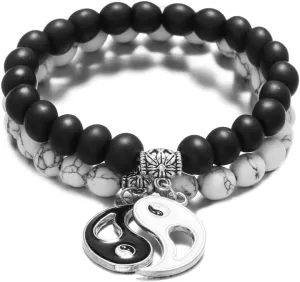 Yin Yang Matching Bracelet for Couple Best Friends Long Diatance Relationship Tai Ji Charm Bracelet Natural Frosted Turquoise Beaded Elastic Bracelets for Boyfriend Girlfriend Valentine's Day Gift