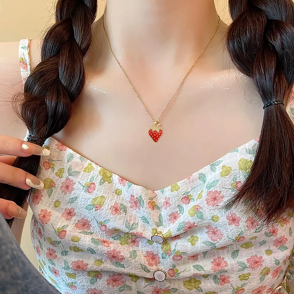 YOOESTORES82 Red Strawberry Pendant Necklace for Women,14K Gold Sparkling Rhinestone Dripping Strawberry Choker Necklace Party Sweet Jewelry Gift