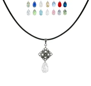 Your Choice of Colors Austrian Crystal Teardrop Black Leather Cord Vintage Style Necklace - 18 or 20 inch (20, clear)