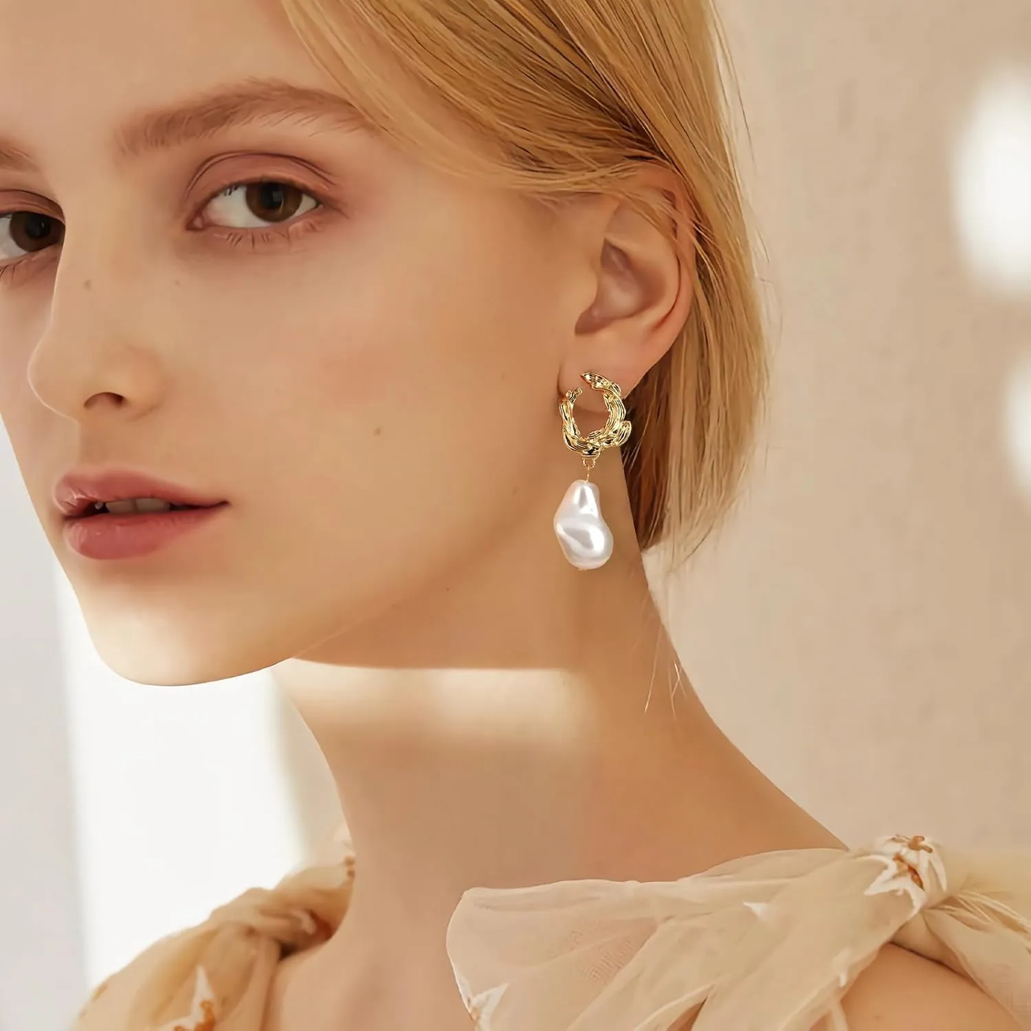 Yowivon Pearl Drop Earrings 14K Gold Plated Dangle Hypoallergenic Statement Earring Trendy Fashion Jewelry Gifts for Women Birthday Wedding