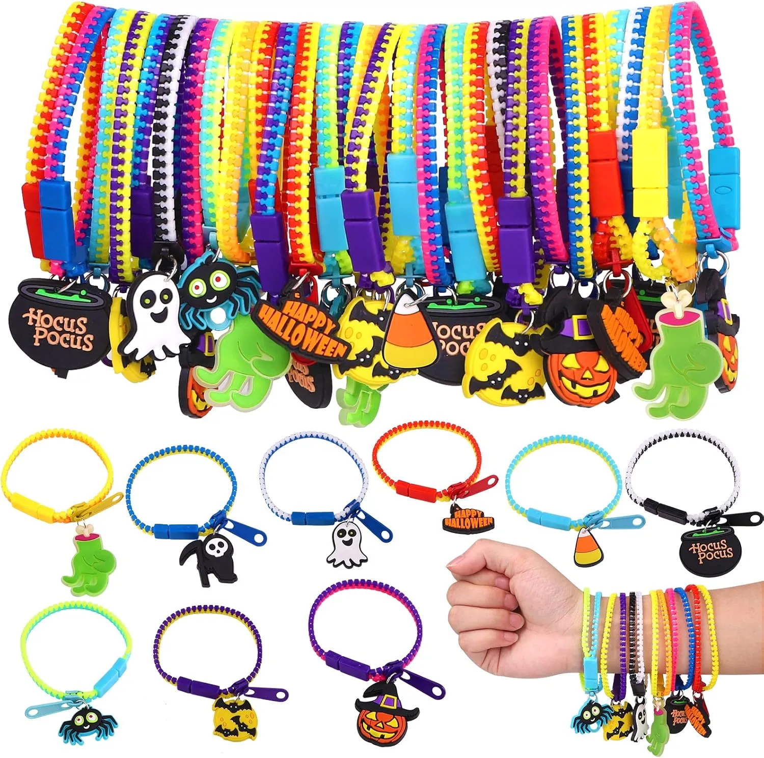 YUJUN 28PCS Halloween Zipper Bracelets for Kids,Halloween party favor Fidget Zipper Wristbands Bulk Trick or Treat Gifts Prizes Giveaways Candy Goodie Bag Stuffers and Kids Halloween Party Supplies