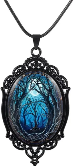 YWMAN Goth Moon Forest Cameo Necklace Set Vintage Gothic Blue Moonlight Tree Pendant Halloween Witch Costume Accessories Women Chocker Jewelry Gift